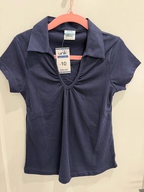 Girls Navy Short Sleeve V-Neck Gathered Polo Top